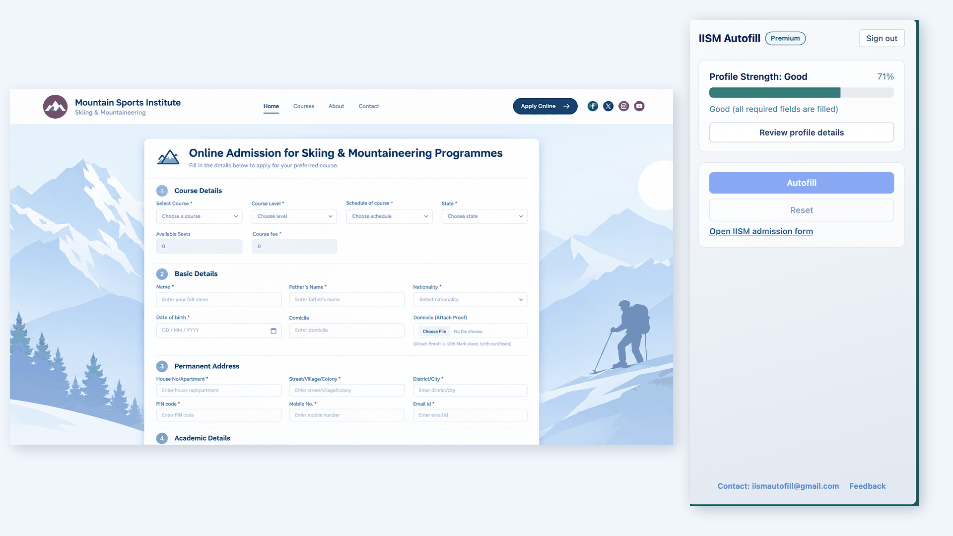IISM Autofill filling the Gulmarg admission form from the side panel